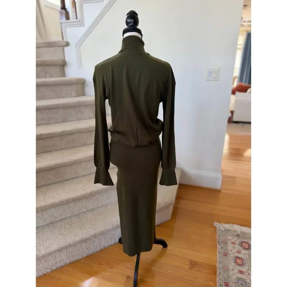 SER.O.YA Olive Green Diana Turtleneck High Slit Blouson Sweater Dress